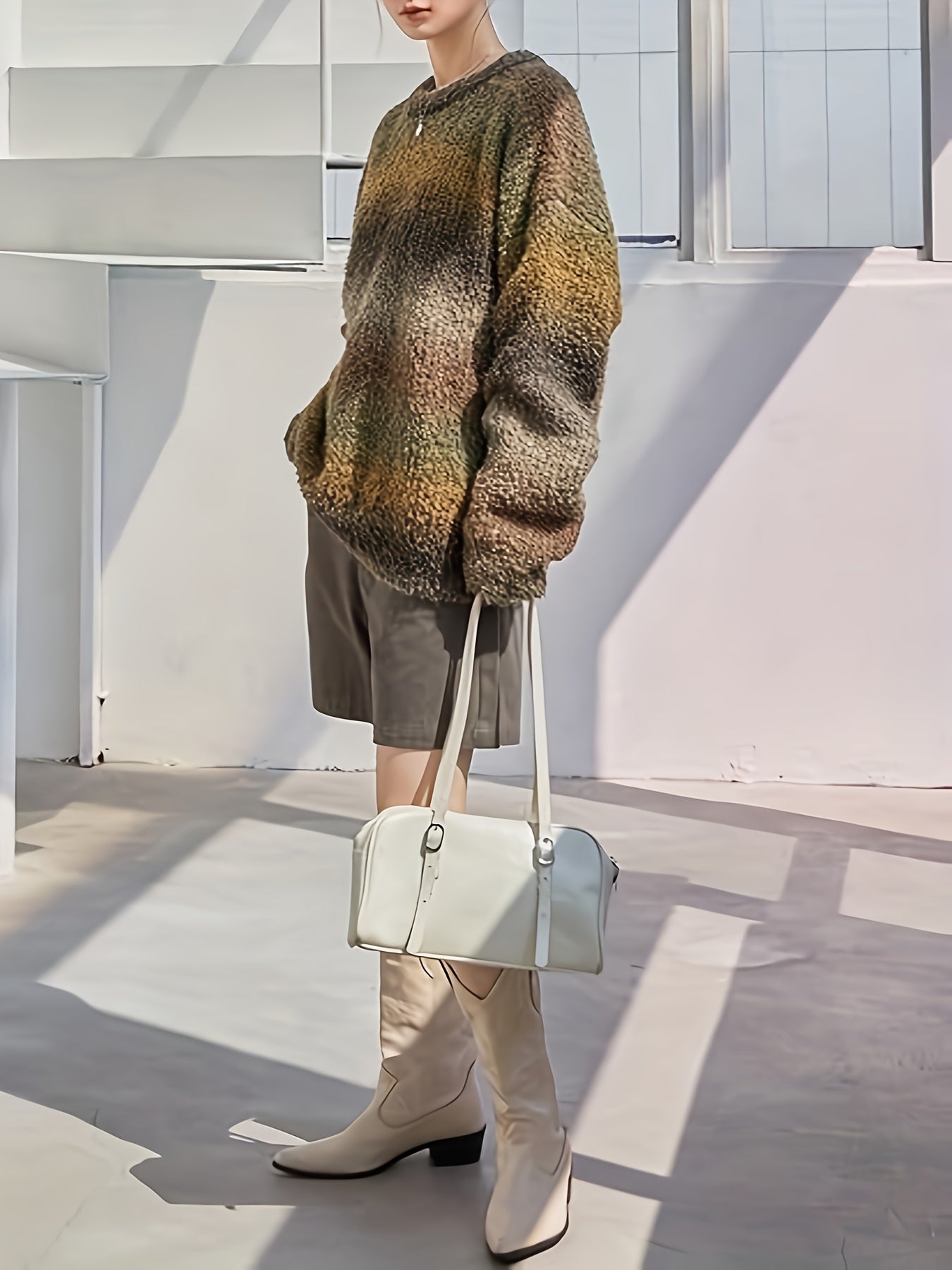 Sweter damski z okrągłym dekoltem z pętelkową fakturą i luźniejszą formą