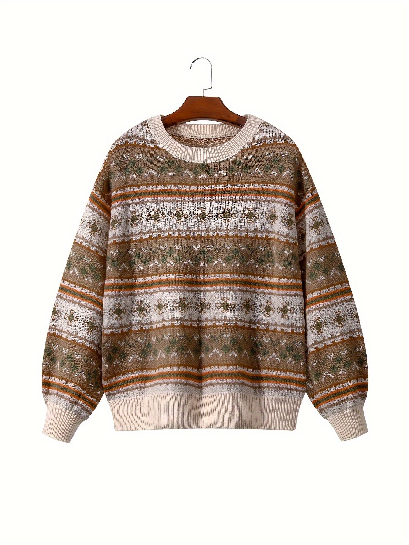 Sweter damski z okrągłym dekoltem z poziomymi pasami wzorów i równomiernym splotem