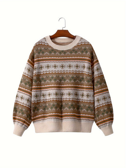 Sweter damski z okrągłym dekoltem z poziomymi pasami wzorów i równomiernym splotem