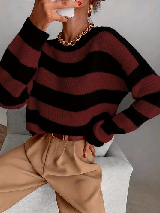 Sweter damski z okrągłym dekoltem z szerokim żebrem i poziomymi pasami