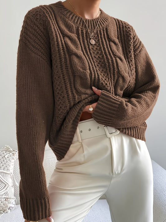 Sweter damski z okrągłym dekoltem z warkoczowym motywem i pionowymi panelami