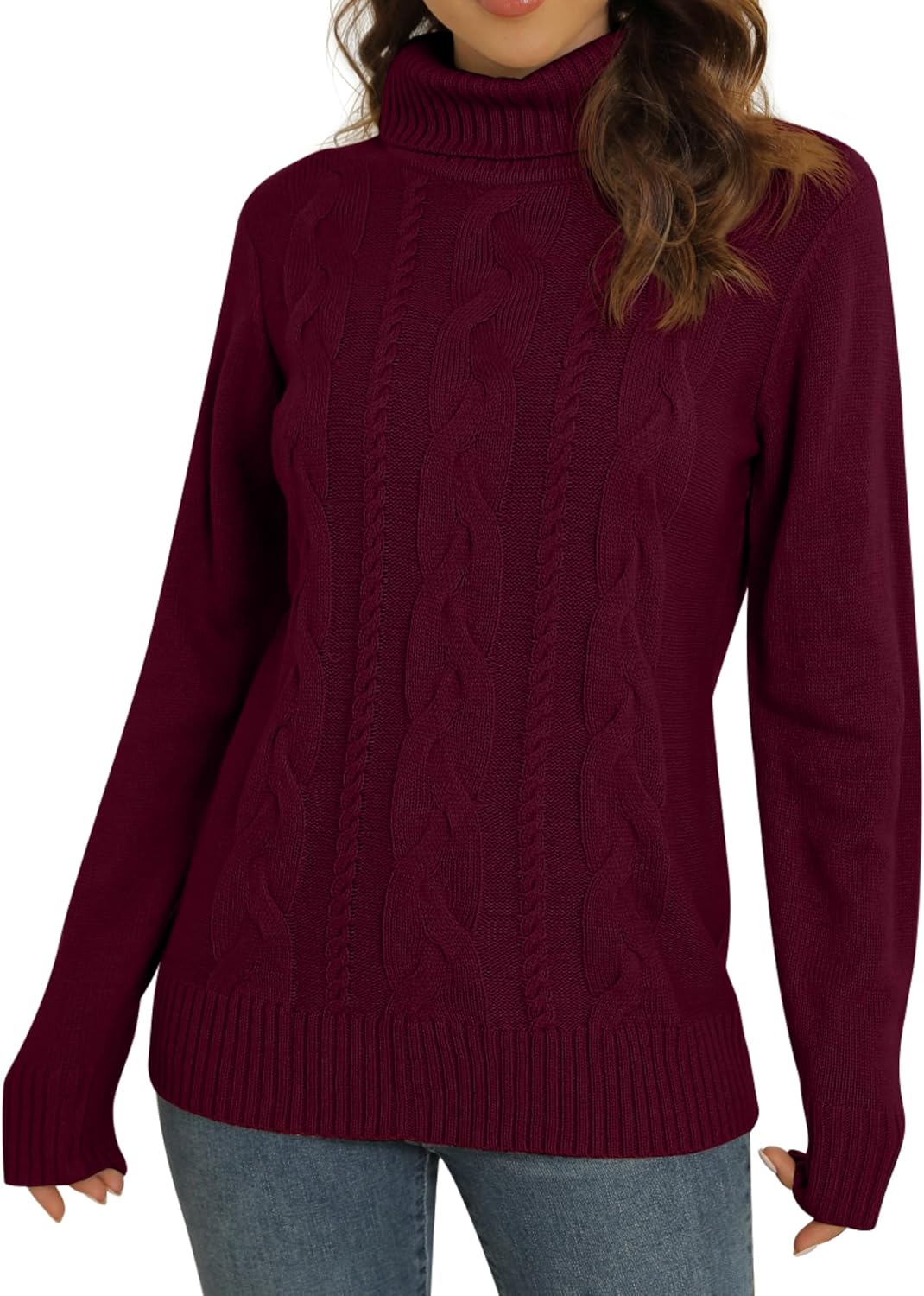 Sweter damski z wysoką stójką z plecionymi panelami i żebrowanym wykończeniem