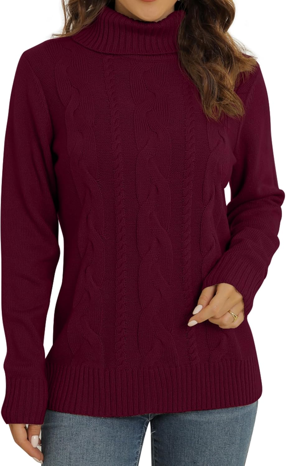 Sweter damski z wysoką stójką z plecionymi panelami i żebrowanym wykończeniem