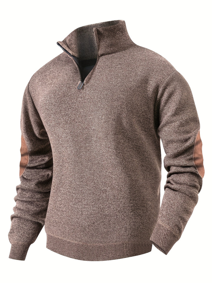 Sweter męski ze stójką z drobnym splotem i owalnymi panelami na rękawach