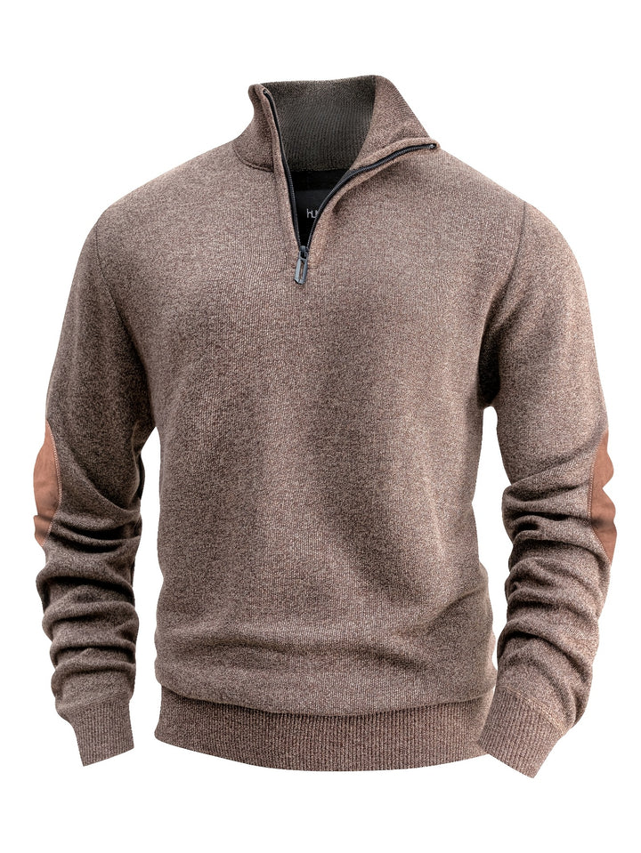 Sweter męski ze stójką z drobnym splotem i owalnymi panelami na rękawach