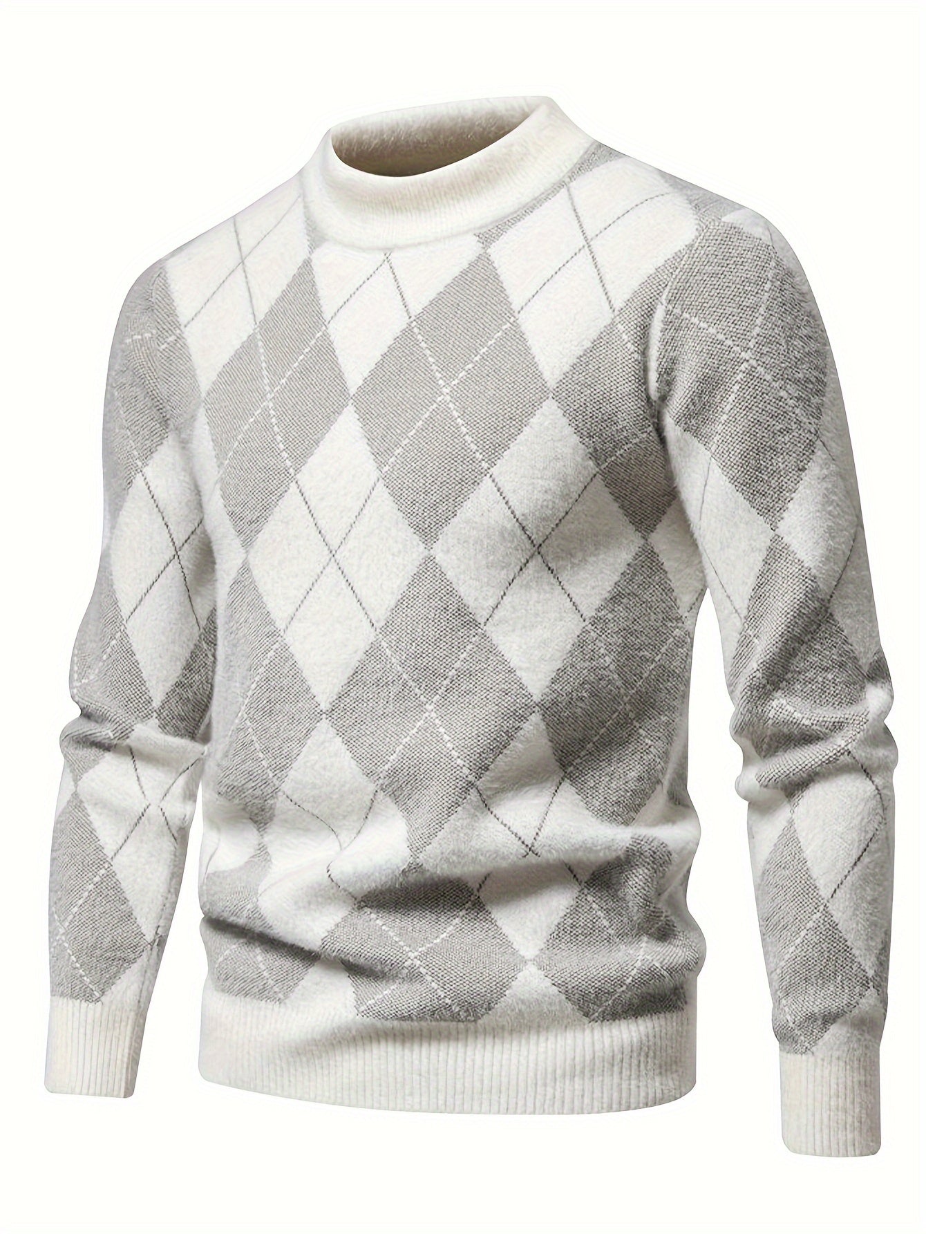Sweter męski ze stójką z rombowymi panelami i równomiernym splotem