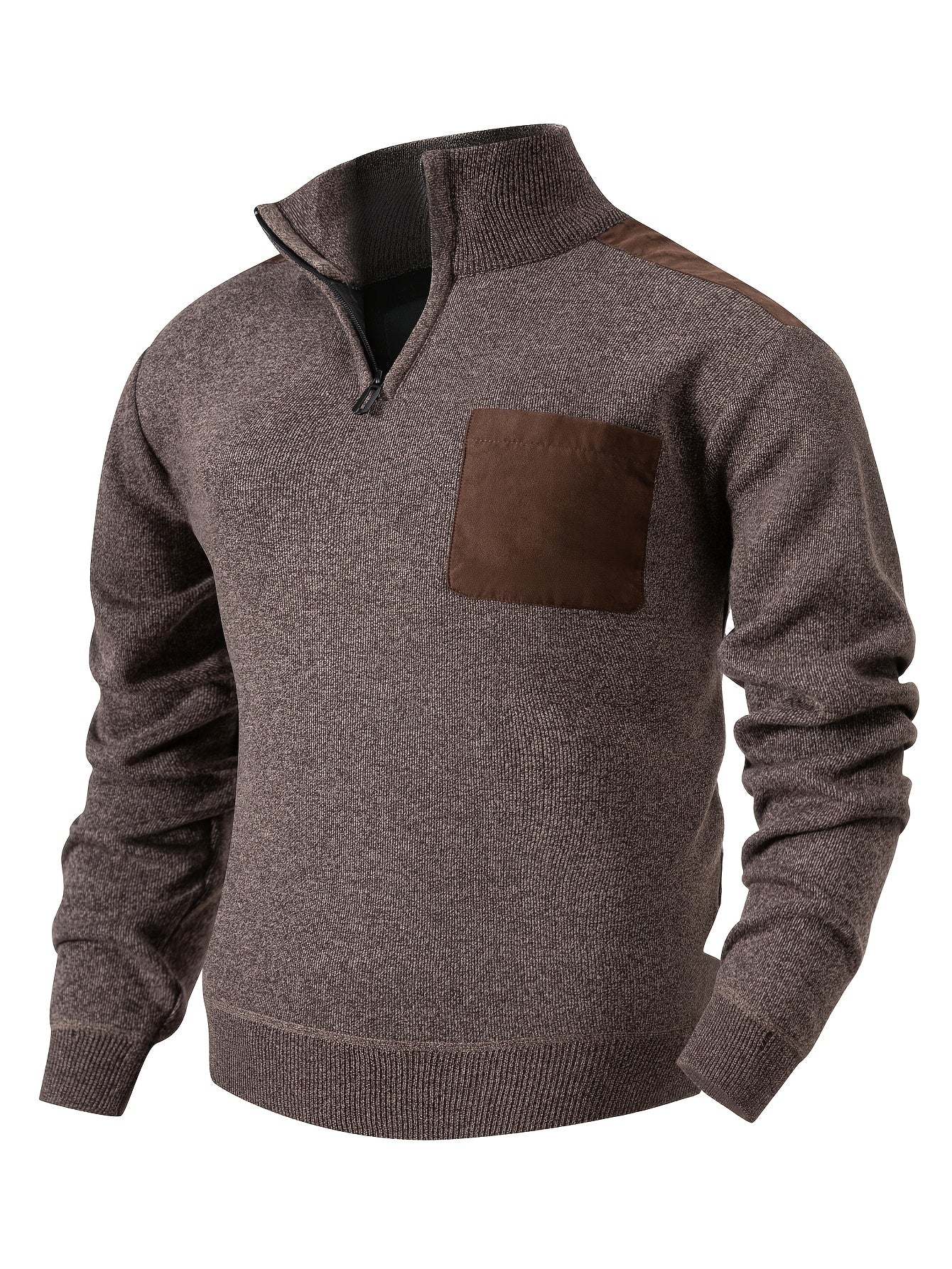 Sweter męski ze stójką z włóknistą powierzchnią i naszywaną kieszenią