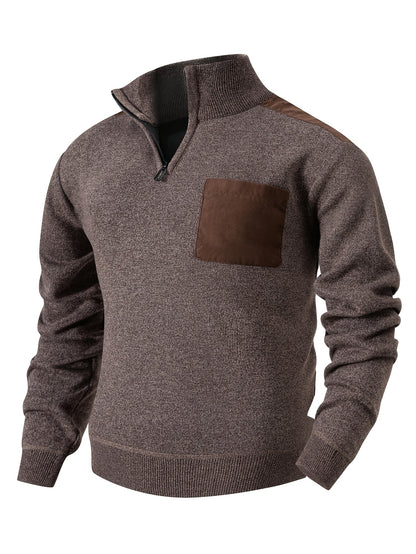Sweter męski ze stójką z włóknistą powierzchnią i naszywaną kieszenią