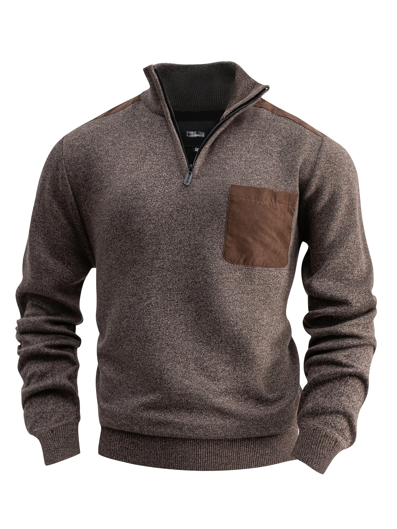 Sweter męski ze stójką z włóknistą powierzchnią i naszywaną kieszenią