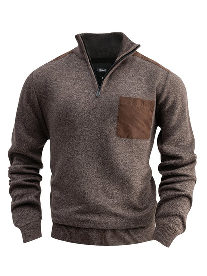Sweter męski ze stójką z włóknistą powierzchnią i naszywaną kieszenią