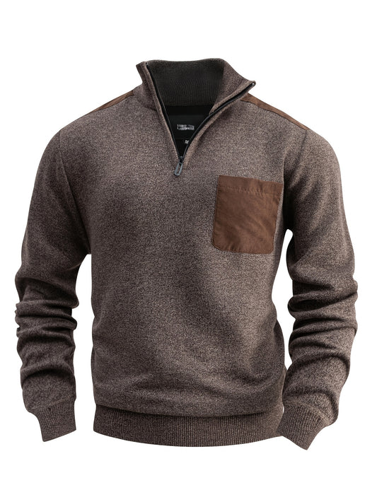 Sweter męski ze stójką z włóknistą powierzchnią i naszywaną kieszenią