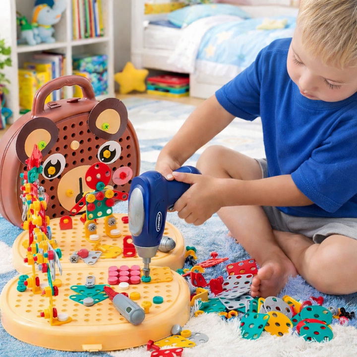 Zestaw Montessori skrzynka z narzędziami dla dzieci z zabawkową wiertarką, 204 elementy