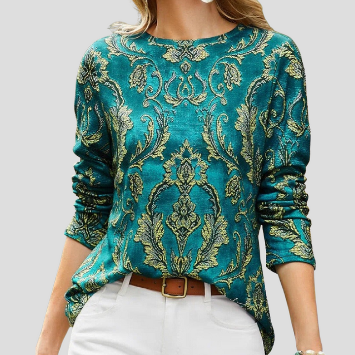 Zielona bluzka damska z okrągłym dekoltem i nadrukiem, z długim rękawem