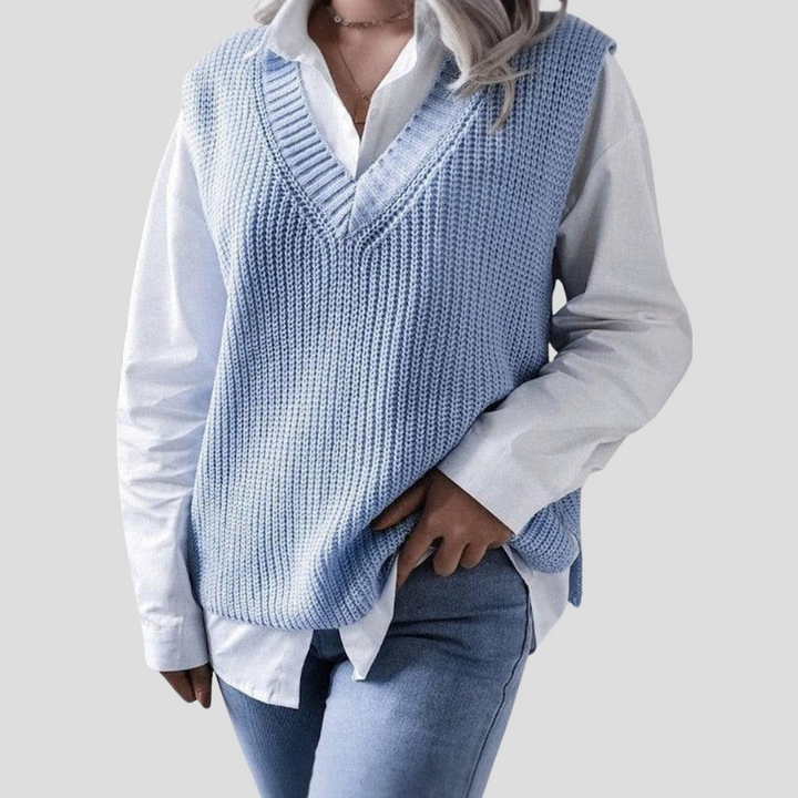 Damski niebieski sweter bez rękawów z dekoltem w serek