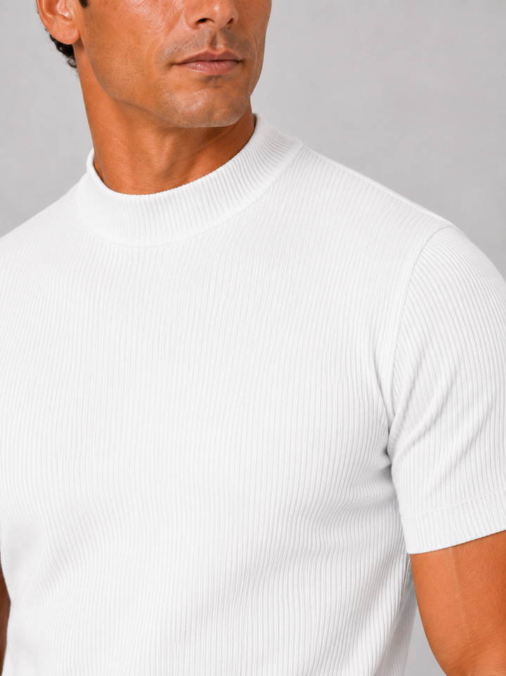 Męski prążkowany T-shirt ze stójką – dopasowany elastyczny top z krótkim rękawem