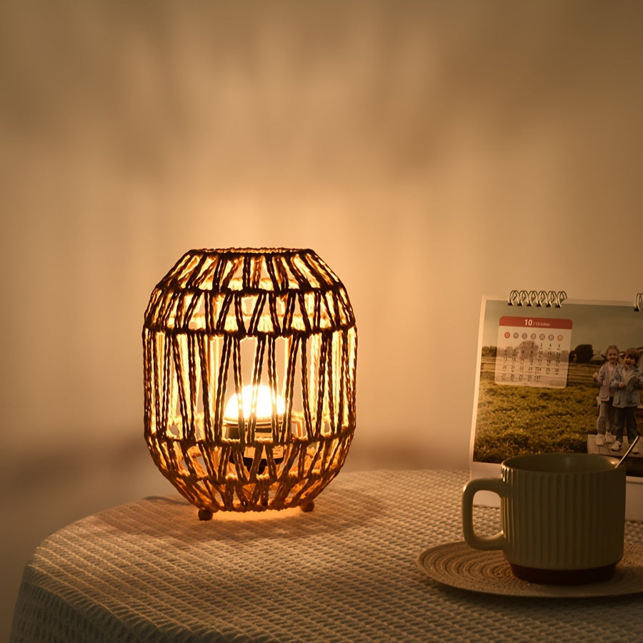 Boho lampa stołowa z rattanu – ręcznie wykonany akcent świetlny do sypialni lub salonu