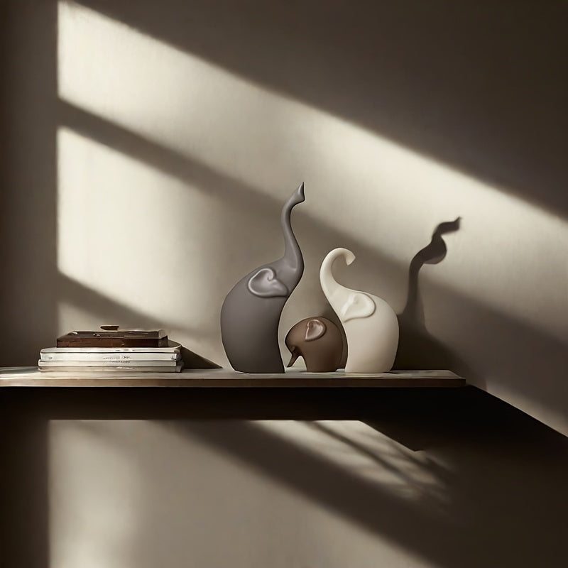 Zestaw 3 Figurek Słoni Ceramicznych – Nowoczesna Matowa Dekoracja do Salonu lub Biura