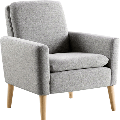 Fotel tapicerowany z drewnianymi nogami i wąskimi podłokietnikami