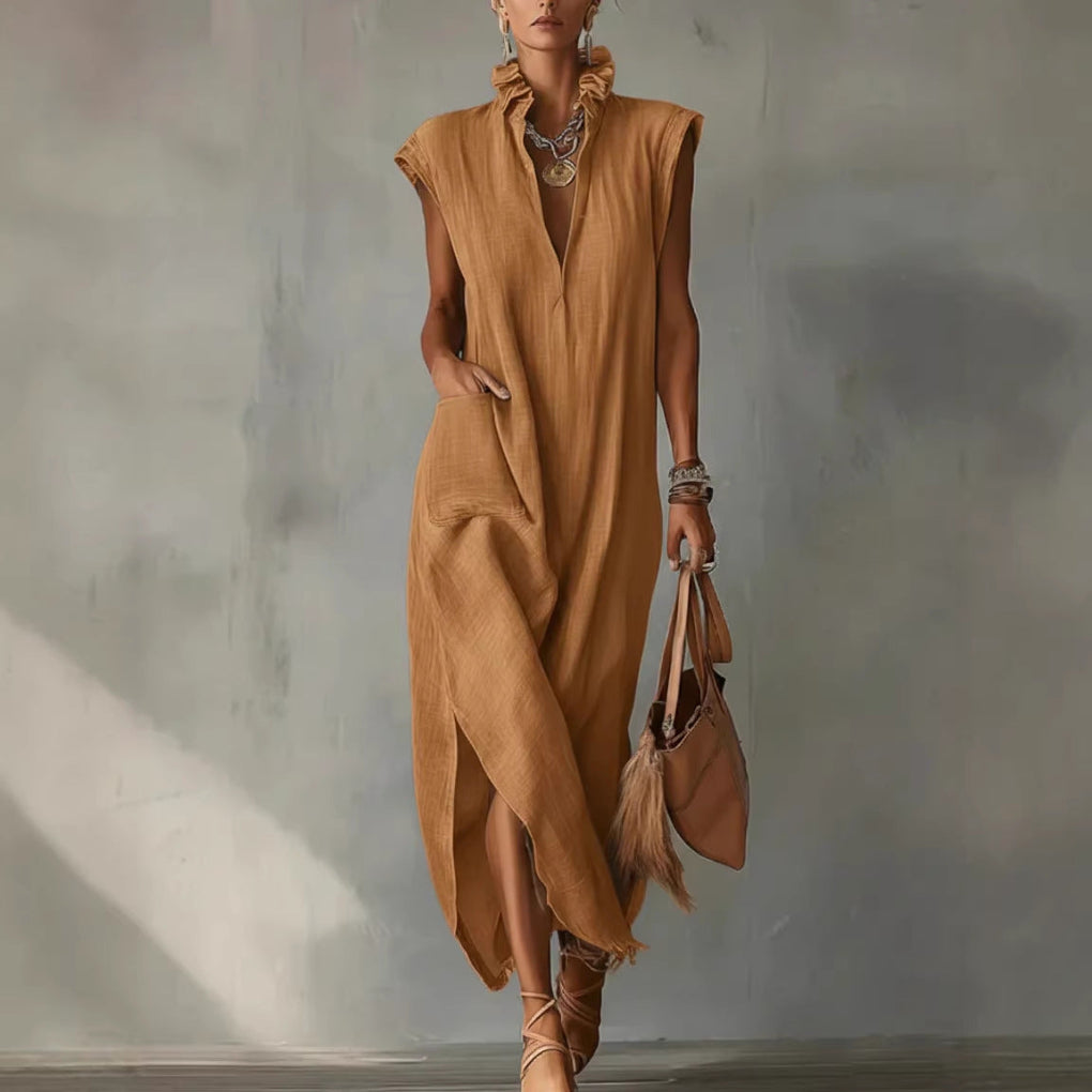 Women's Cotton-Linen Sleeveless Solid-Color Dress