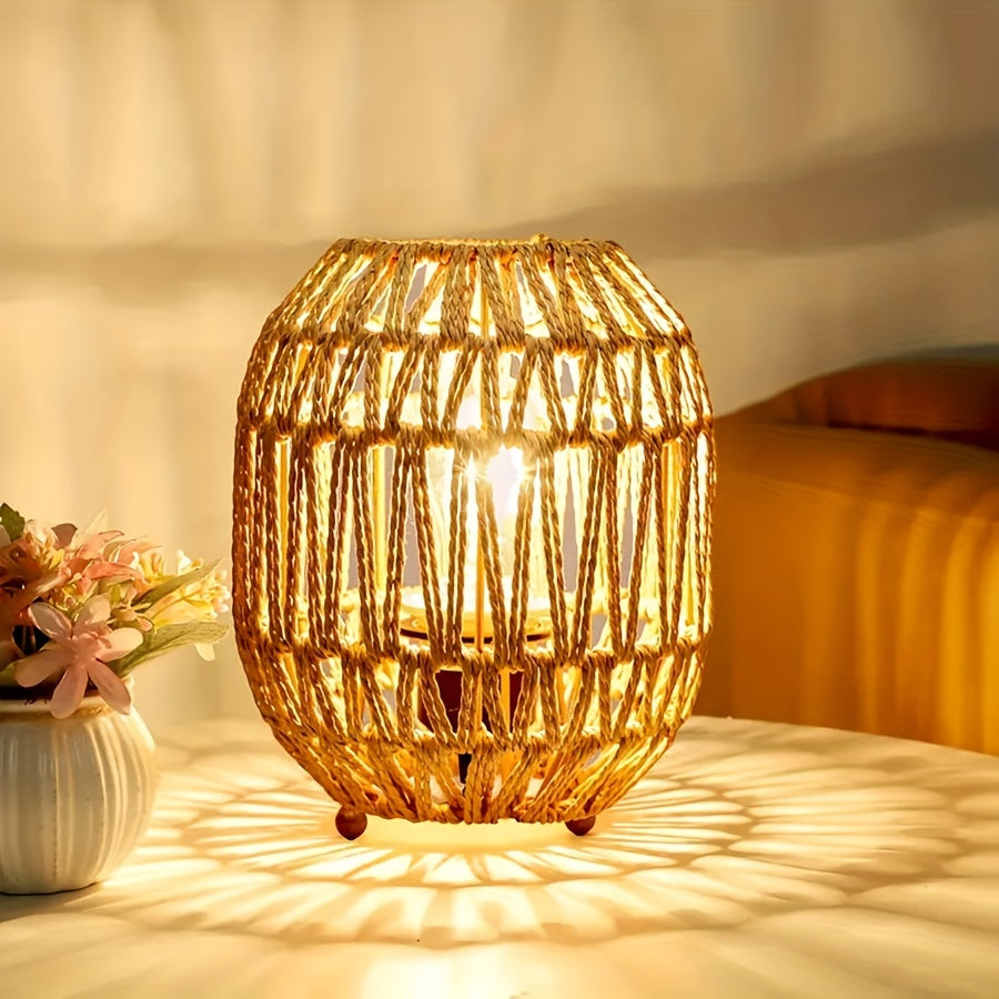 Boho lampa stołowa z rattanu – ręcznie wykonany akcent świetlny do sypialni lub salonu