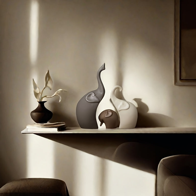 Zestaw 3 Figurek Słoni Ceramicznych – Nowoczesna Matowa Dekoracja do Salonu lub Biura
