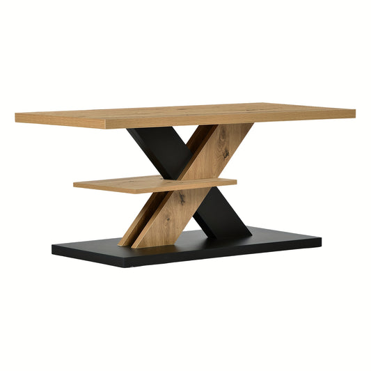 Stolik kawowy z podstawą w kształcie litery X i półką