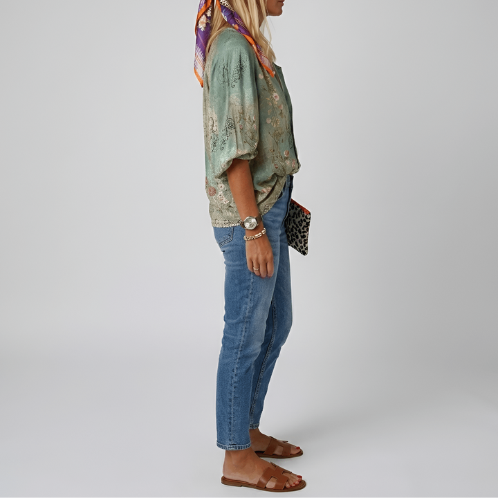 Aurora Zwiewna Kwiatowa Bluzka Boho Z Guzikami