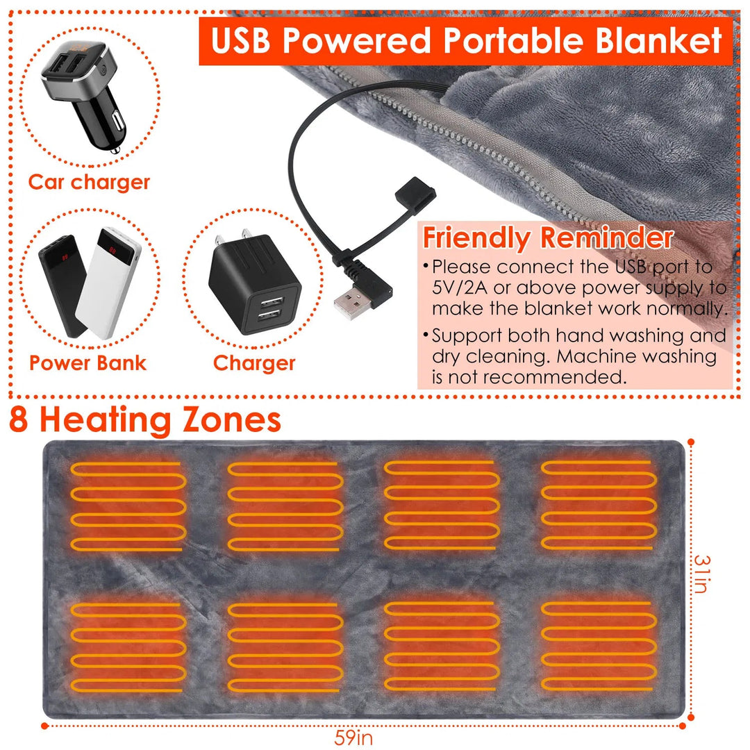 Przenośny koc USB z zamkiem i kieszonką na powerbank, 3 poziomy