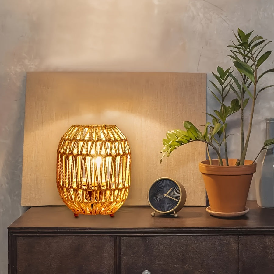 Boho lampa stołowa z rattanu – ręcznie wykonany akcent świetlny do sypialni lub salonu
