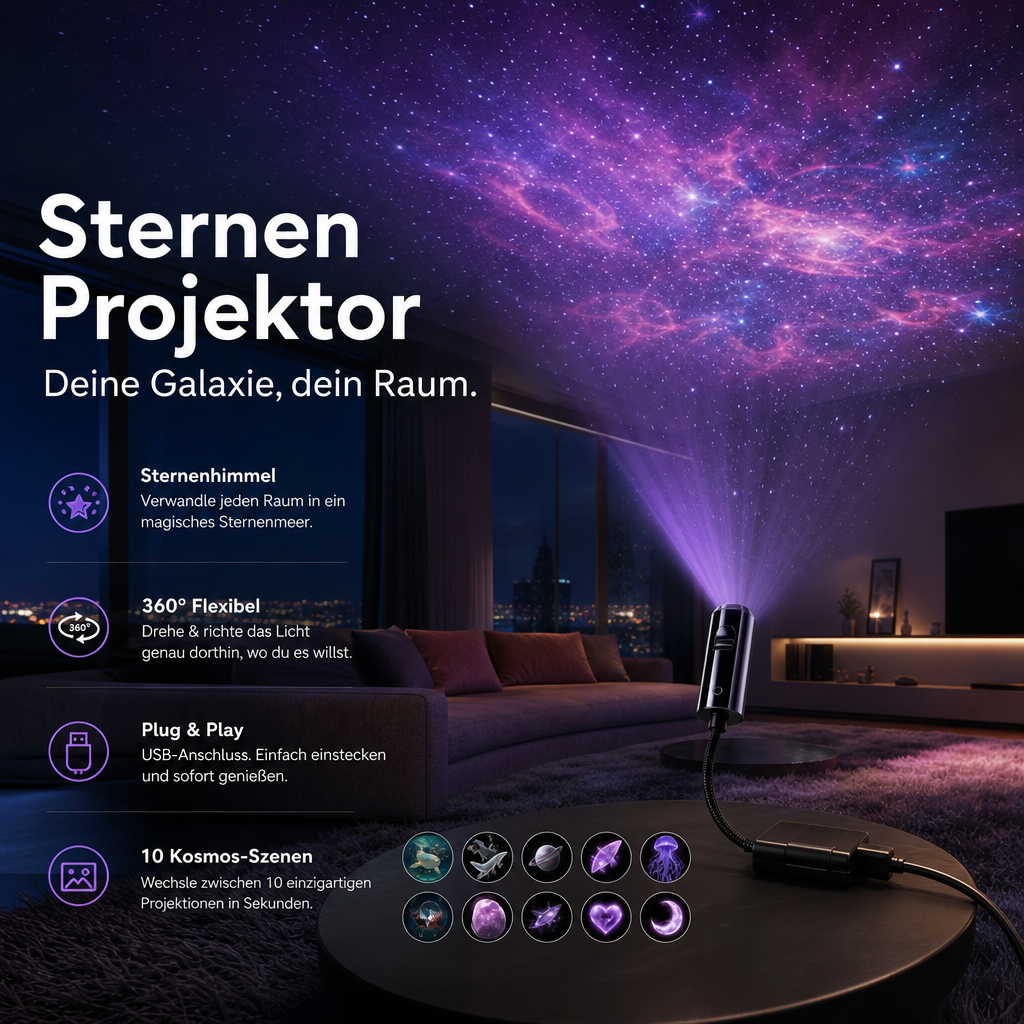 Projektor gwiazd lampka nocna z 10 wymiennymi foliami, zasilany USB
