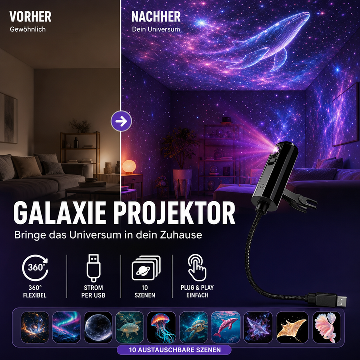 Projektor gwiazd lampka nocna z 10 wymiennymi foliami, zasilany USB