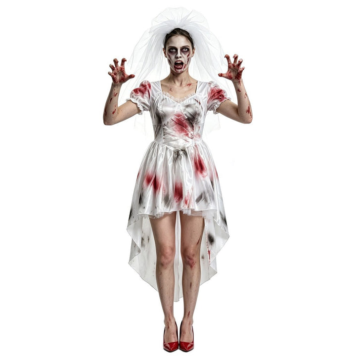 Halloweenowy kostium ducha panny młodej, biała suknia ślubna z plamami krwi, strój na imprezę o tematyce horroru i występy sceniczne, halloweenowy kostium ducha panny młodej, biała suknia ślubna z plamami krwi — zdjęcie 2