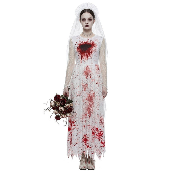 Halloweenowy kostium ducha panny młodej, biała suknia ślubna z plamami krwi, strój na imprezę o tematyce horroru i występy sceniczne, halloweenowy kostium ducha panny młodej, biała suknia ślubna z plamami krwi — zdjęcie 4