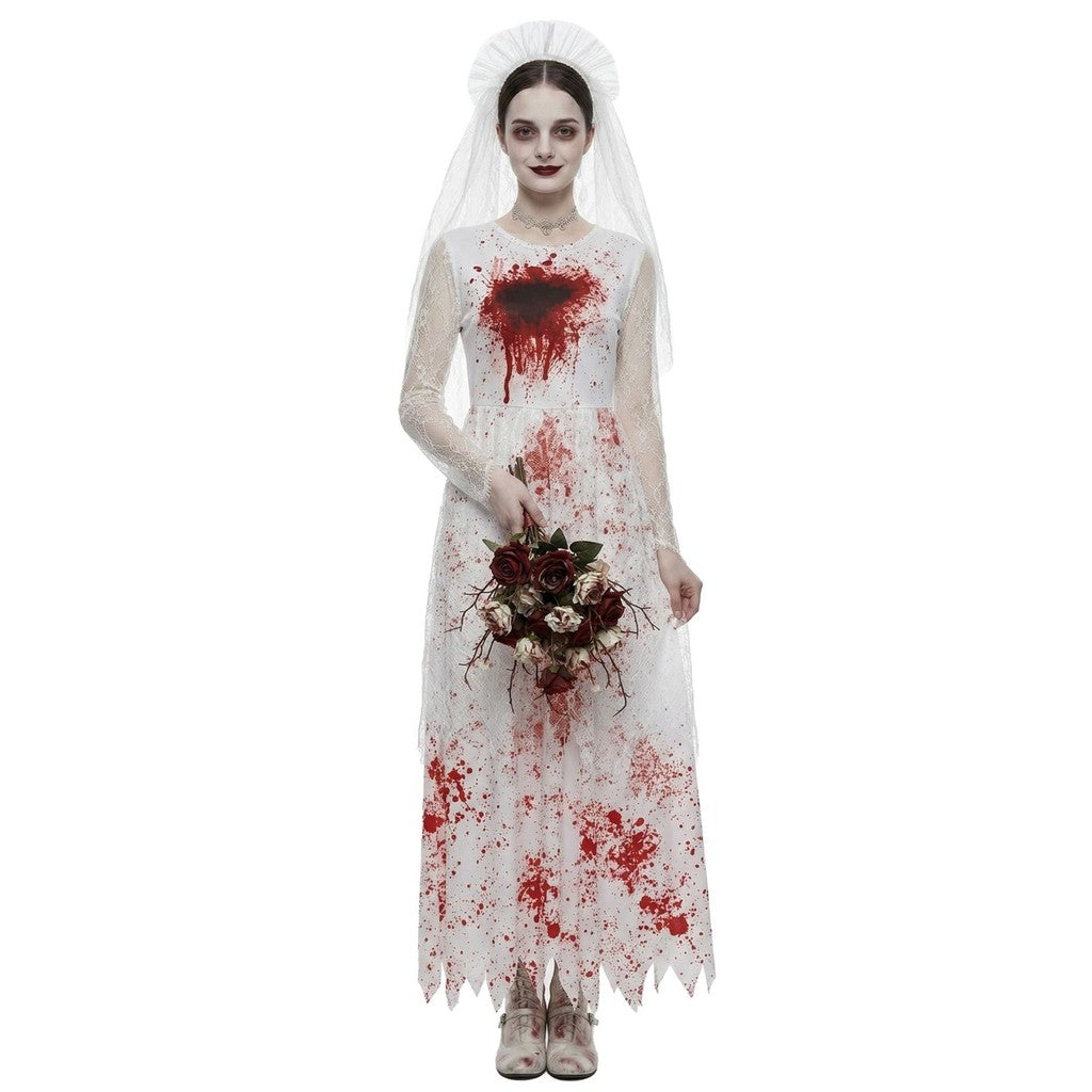 Halloweenowy kostium ducha panny młodej, biała suknia ślubna z plamami krwi, strój na imprezę o tematyce horroru i występy sceniczne, halloweenowy kostium ducha panny młodej, biała suknia ślubna z plamami krwi — zdjęcie 5