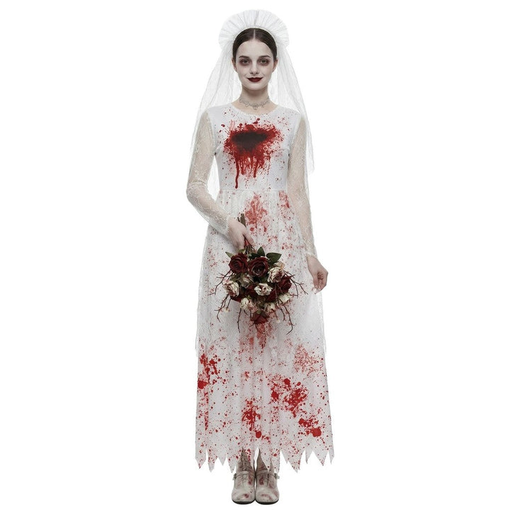 Halloweenowy kostium ducha panny młodej, biała suknia ślubna z plamami krwi, strój na imprezę o tematyce horroru i występy sceniczne, halloweenowy kostium ducha panny młodej, biała suknia ślubna z plamami krwi — zdjęcie 5