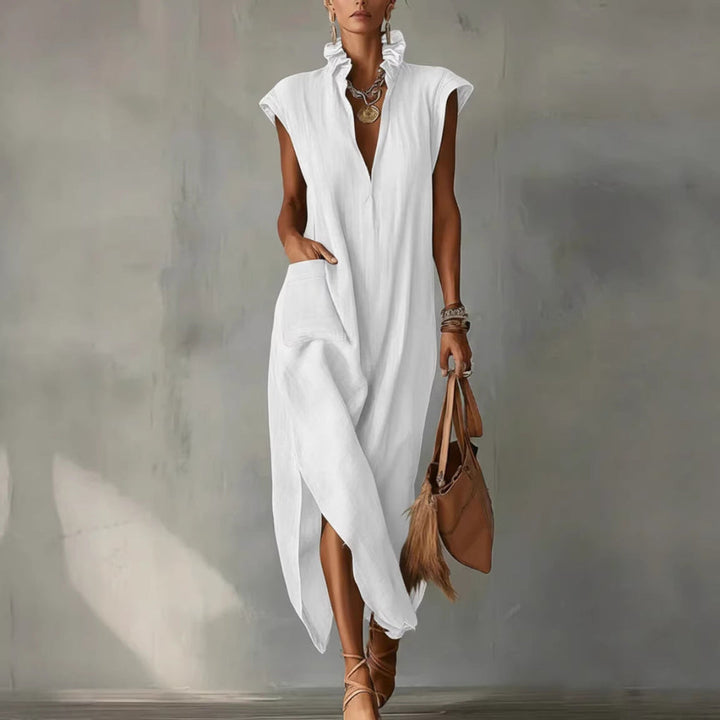 Women's Cotton-Linen Sleeveless Solid-Color Dress
