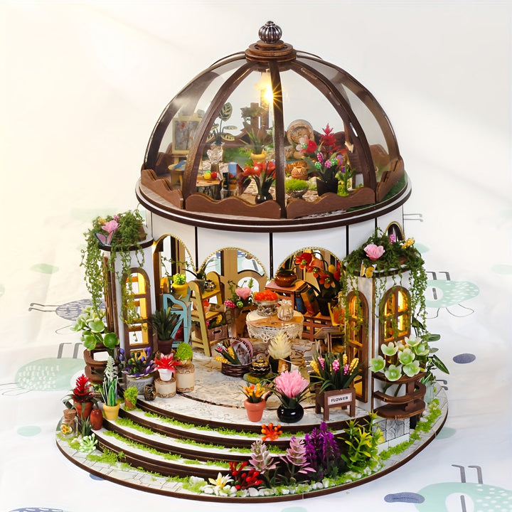 Miniaturowy domek z kwiatów – drewniane puzzle 3D z podświetleniem LED i szczegółowym ogrodem