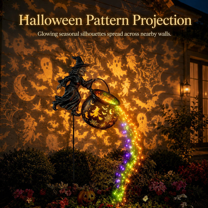 Halloweenowa lampa ogrodowa w kształcie kotła czarownicy z kolorową poświatą i przerażającymi projekcjami