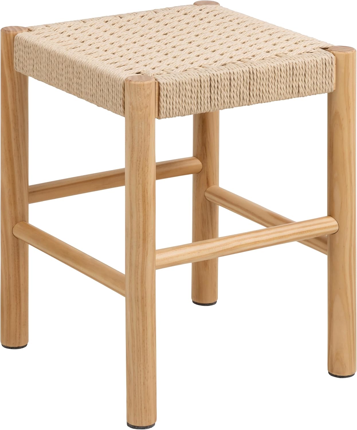 Taboret drewniany z plecionym siedziskiem i okrągłymi nogami