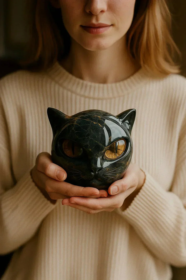 Rzeźba NoirCat – głowa czarnego kota z hipnotyzującymi oczami
