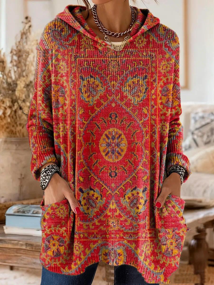 Tunika z kapturem z nadrukiem w stylu boho, o swobodnym kroju i z długimi rękawami