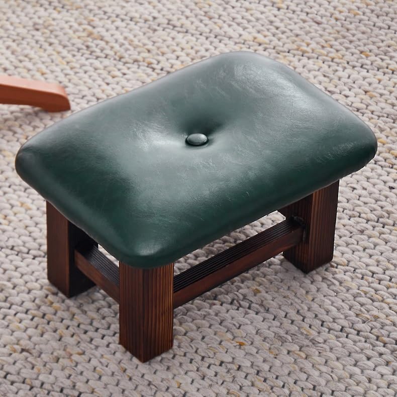 Taboret z drewnianą podstawą i guzikiem na siedzisku