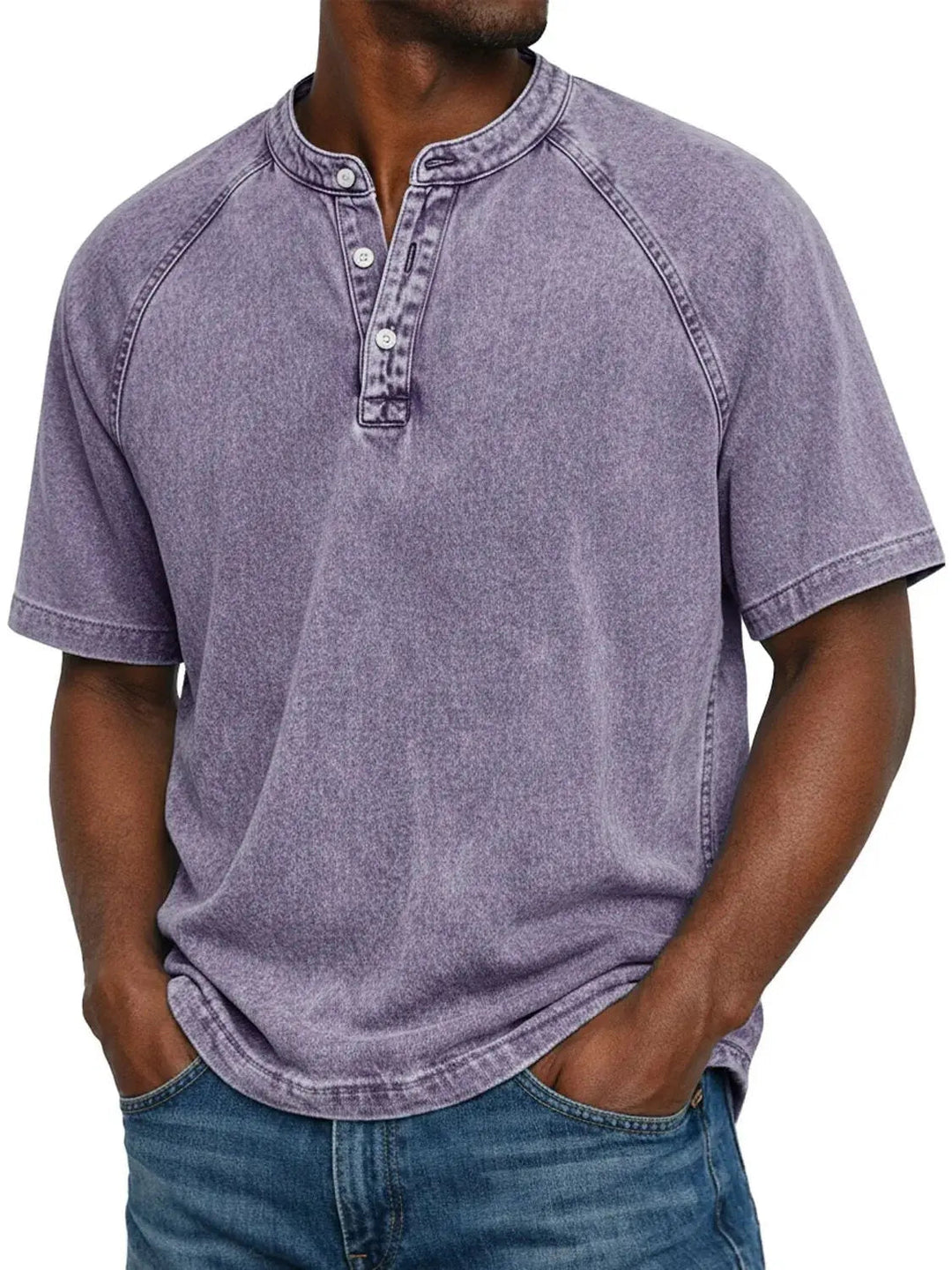 Męski T-shirt z krótkim rękawem na co dzień z rękawami raglanowymi w stylu prany henley