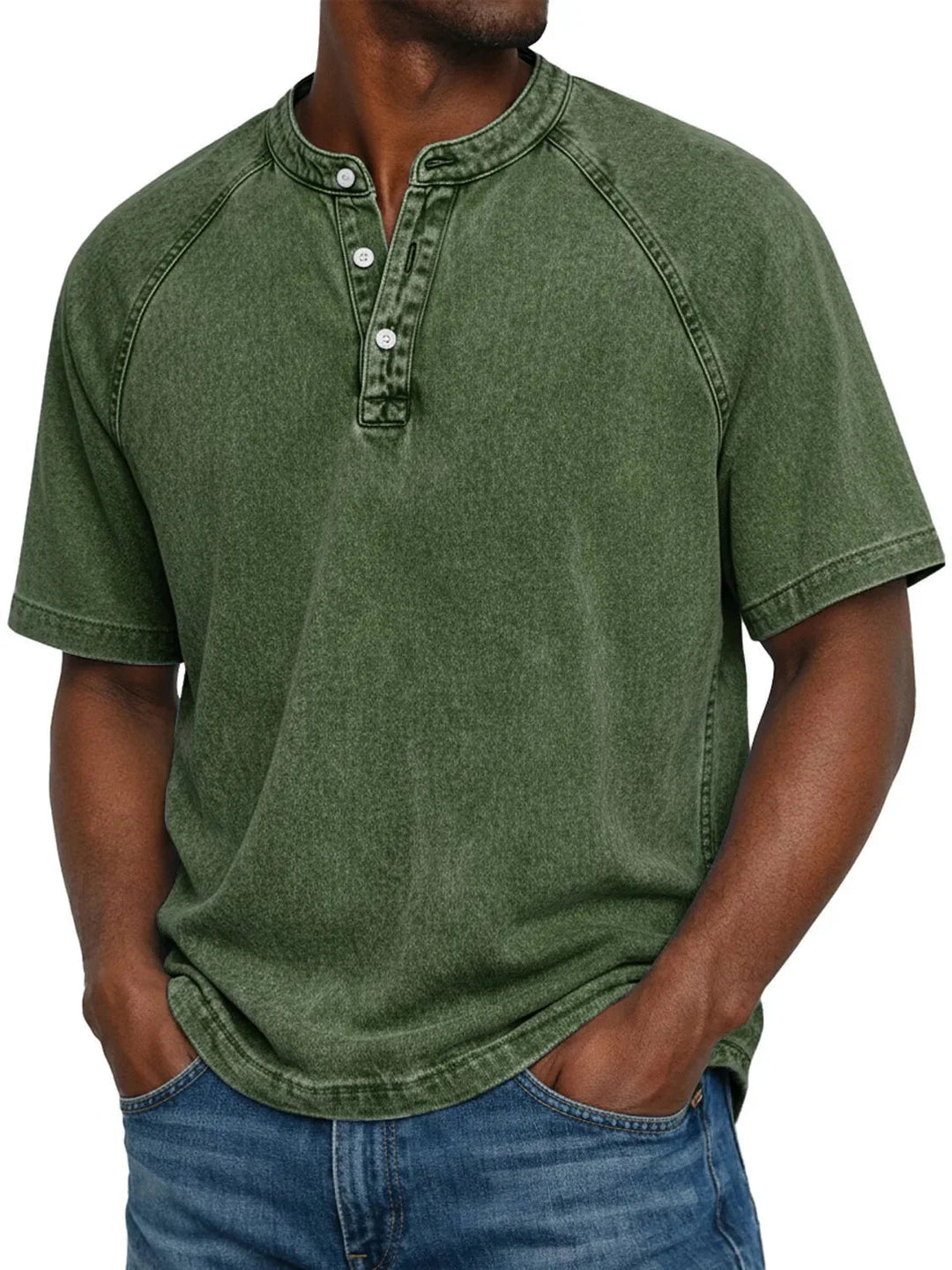 Męski T-shirt z krótkim rękawem na co dzień z rękawami raglanowymi w stylu prany henley