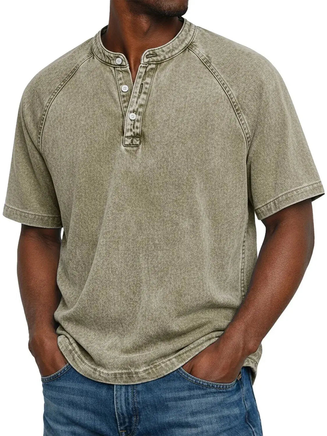 Męski T-shirt z krótkim rękawem na co dzień z rękawami raglanowymi w stylu prany henley