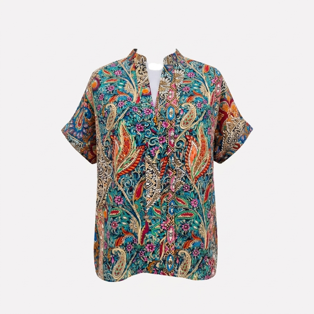 Kobieta Casual V-Neck Bluzka z Wzorem Paisley i Opadającymi Rękawami