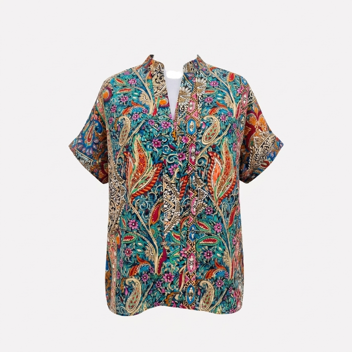 Kobieta Casual V-Neck Bluzka z Wzorem Paisley i Opadającymi Rękawami