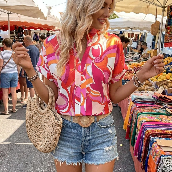 Kobieta Casual V-Neck Bluzka z Wzorem Paisley i Opadającymi Rękawami