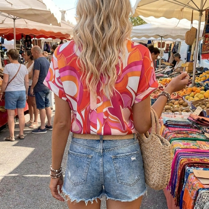 Kobieta Casual V-Neck Bluzka z Wzorem Paisley i Opadającymi Rękawami