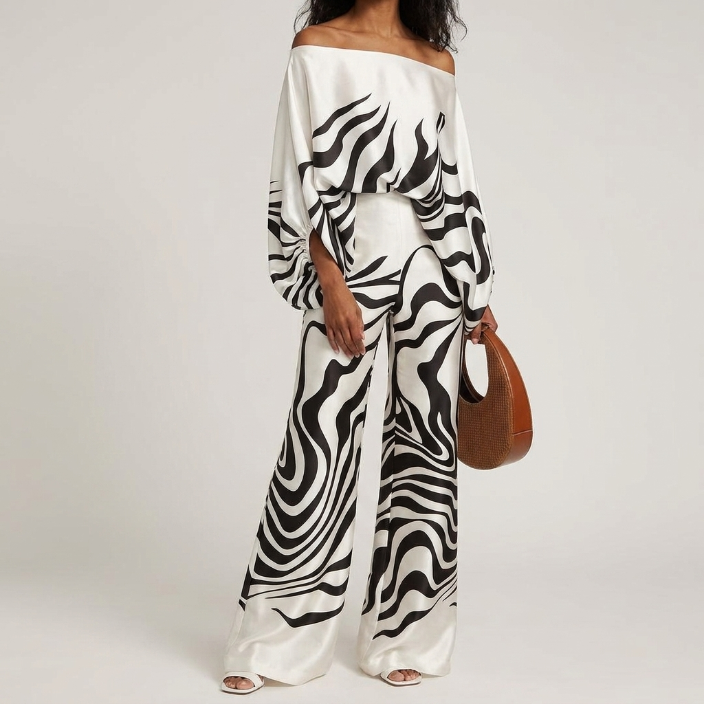 Kobiece satynowe 2-częściowe zestaw w stylu off-shoulder
